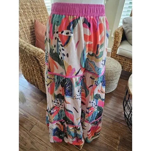 Ott Tropical Floral A-Line Skirt Boho Beach Resortwear Women's Size M Midi - Picture 7 of 10